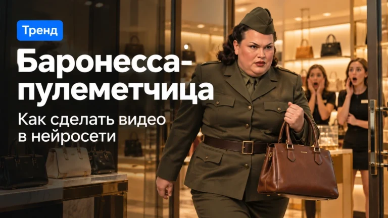 Баронесса-пулеметчица из мема в пилотке и кителе выходит из бутика с коричневой сумкой; удивленные продавцы на заднем плане