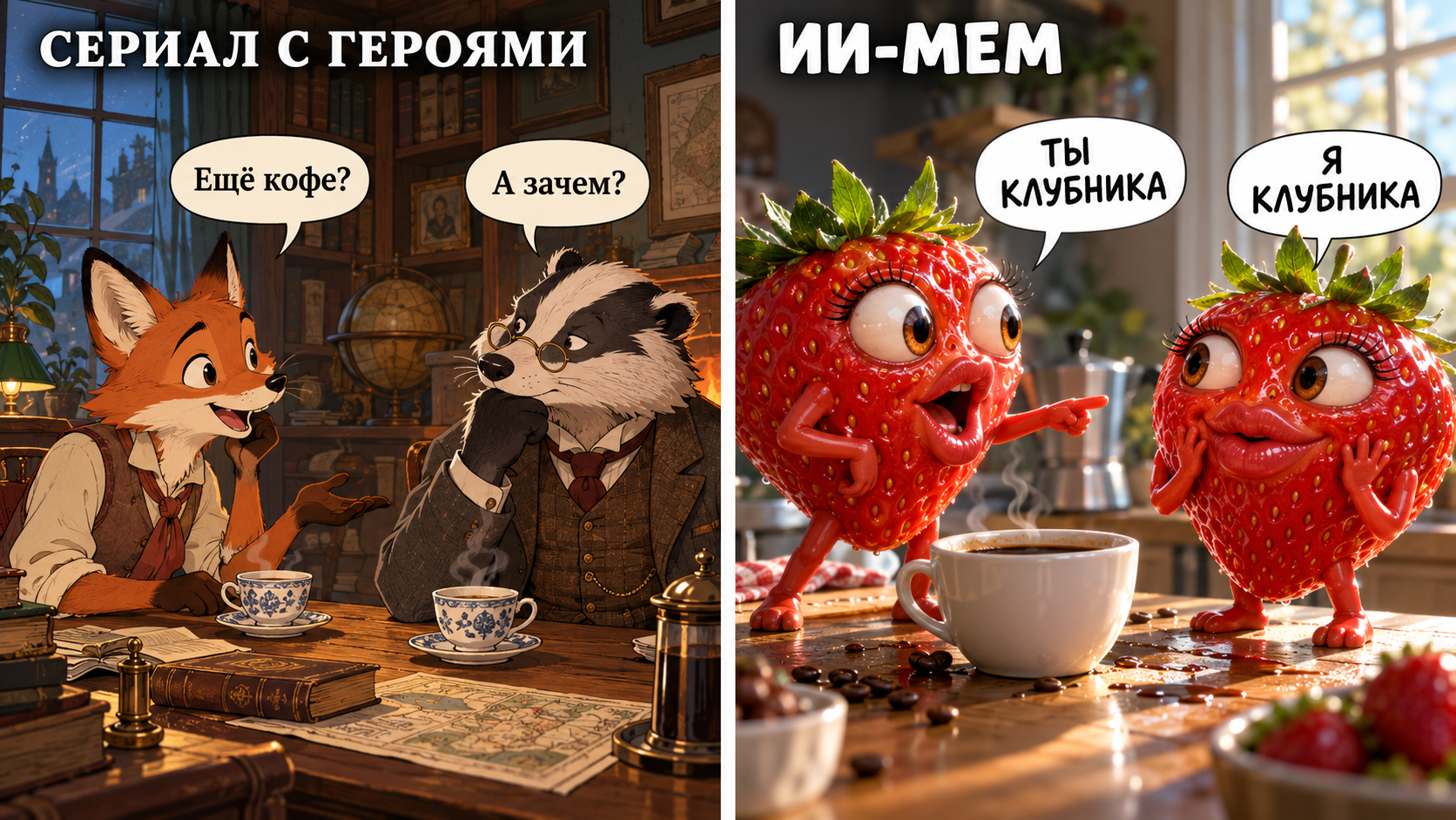 Сравнение двух подходов: диалог постоянных мультяшных героев и абсурдная сцена с говорящими клубниками