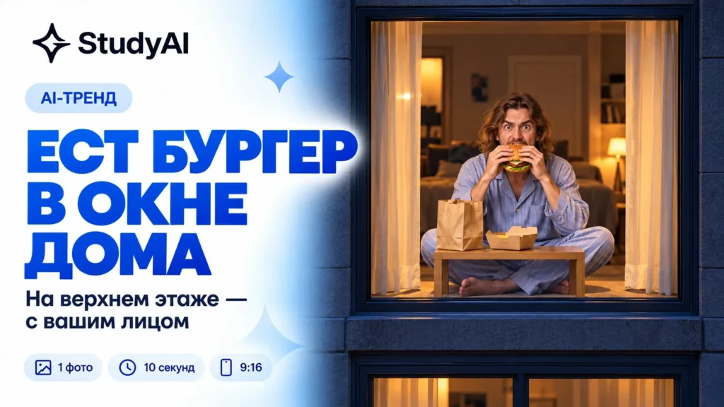 Ест бургер в окне дома: как сделать видео со своим лицом через ИИ