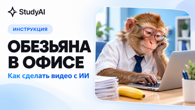 Обезьяна в очках и галстуке за ноутбуком — иллюстрация к инструкции по созданию ИИ-видео