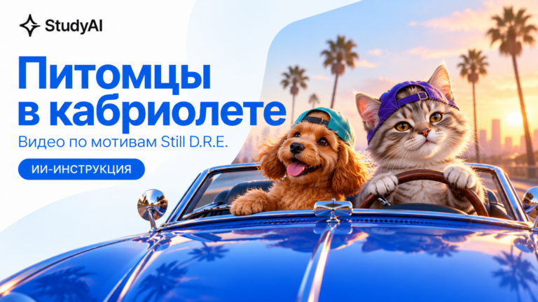 Вымышленные кот и собака в синем кабриолете — обложка инструкции StudyAI