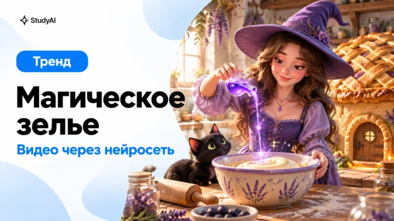 Магическое зелье: ведьма добавляет фиолетовое зелье в тесто в сказочной кухне