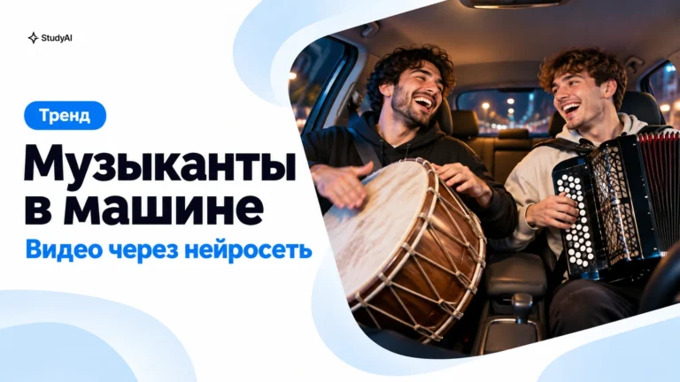 Двое друзей в ночной машине играют на большом барабане и аккордеоне, обложка тренда StudyAI