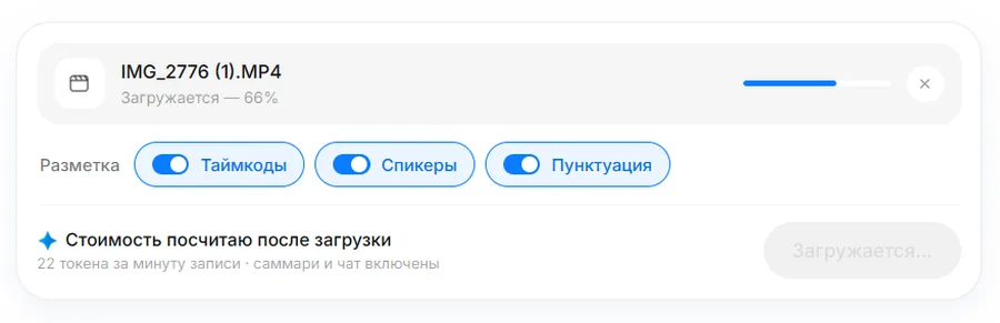 Загрузка файла в транскрибатор StudyAI с переключателями «Таймкоды», «Спикеры», «Пунктуация»