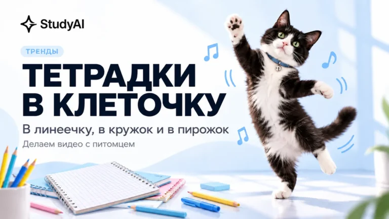 Мем «Тетрадки в клеточку»: вымышленный кот танцует рядом со школьными принадлежностями