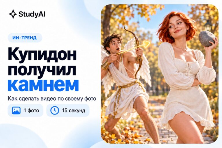 Девушка с бутафорским камнем и Купидон с луком на осенней аллее — иллюстрация к ИИ-тренду